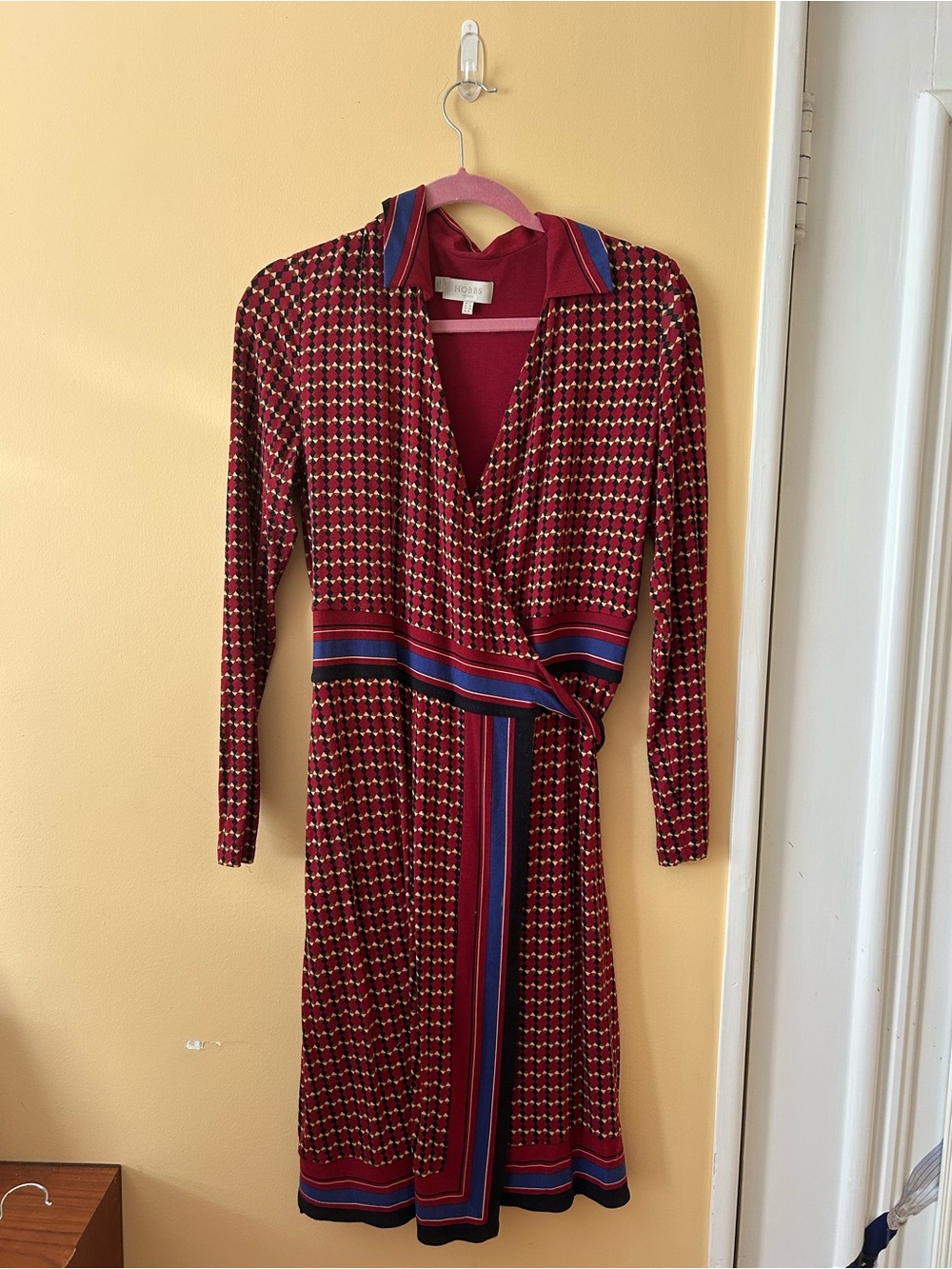 HOBBS London Red Patterned Wrap Dress with Stripe Trim
